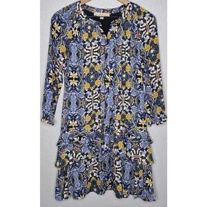 LOFT Womens XS Blue Yellow Tile Floral Boho Button Front Tiered Dress Lined